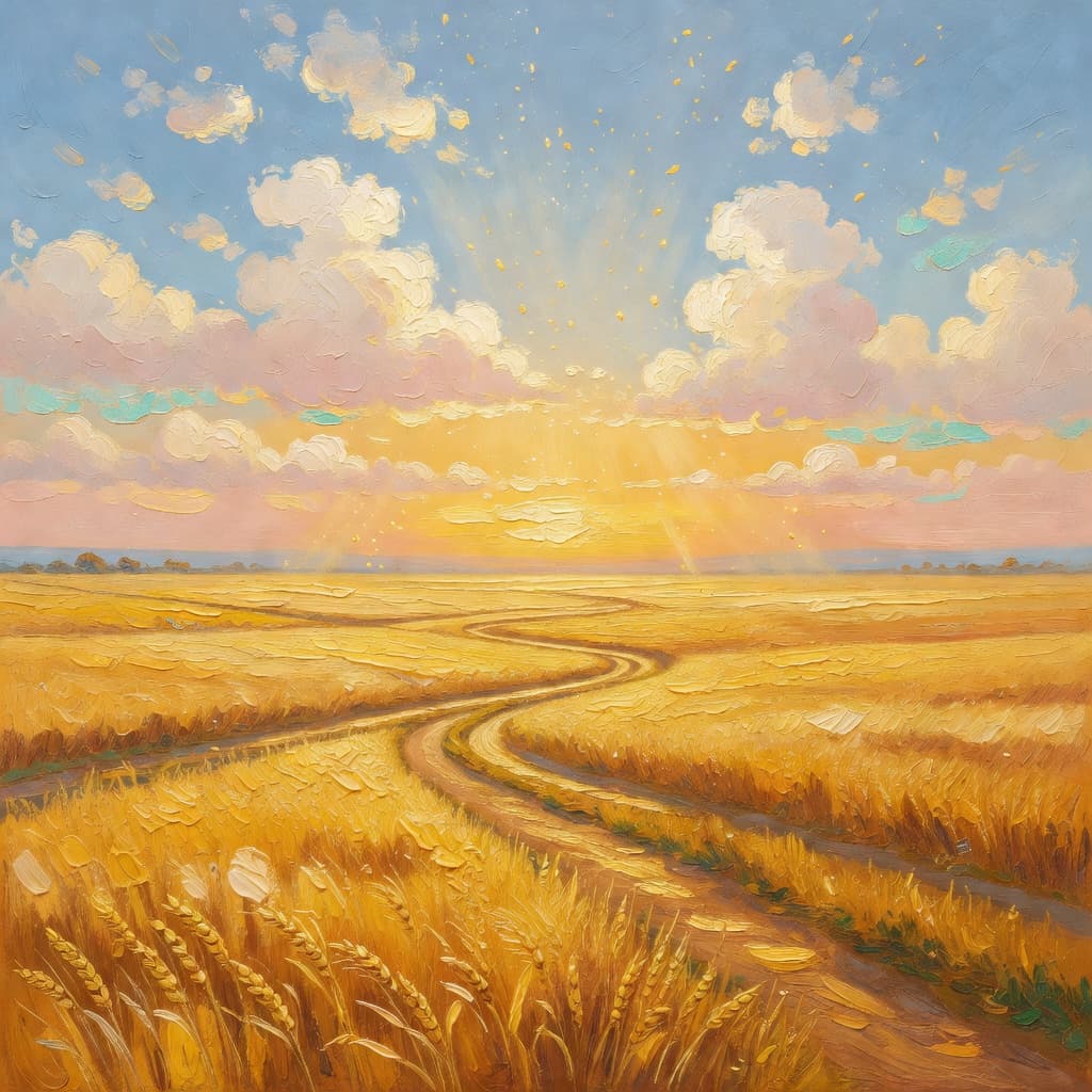 Impressionist oil painting of a luminous sky with golden light and clouds, evoking familia