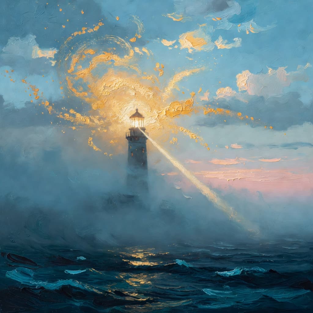 Pintura impresionista de un faro cortando la niebla con luz dorada