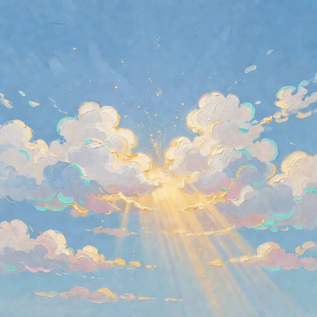 Impressionist oil painting of a luminous sky with golden light and clouds, evoking perdón