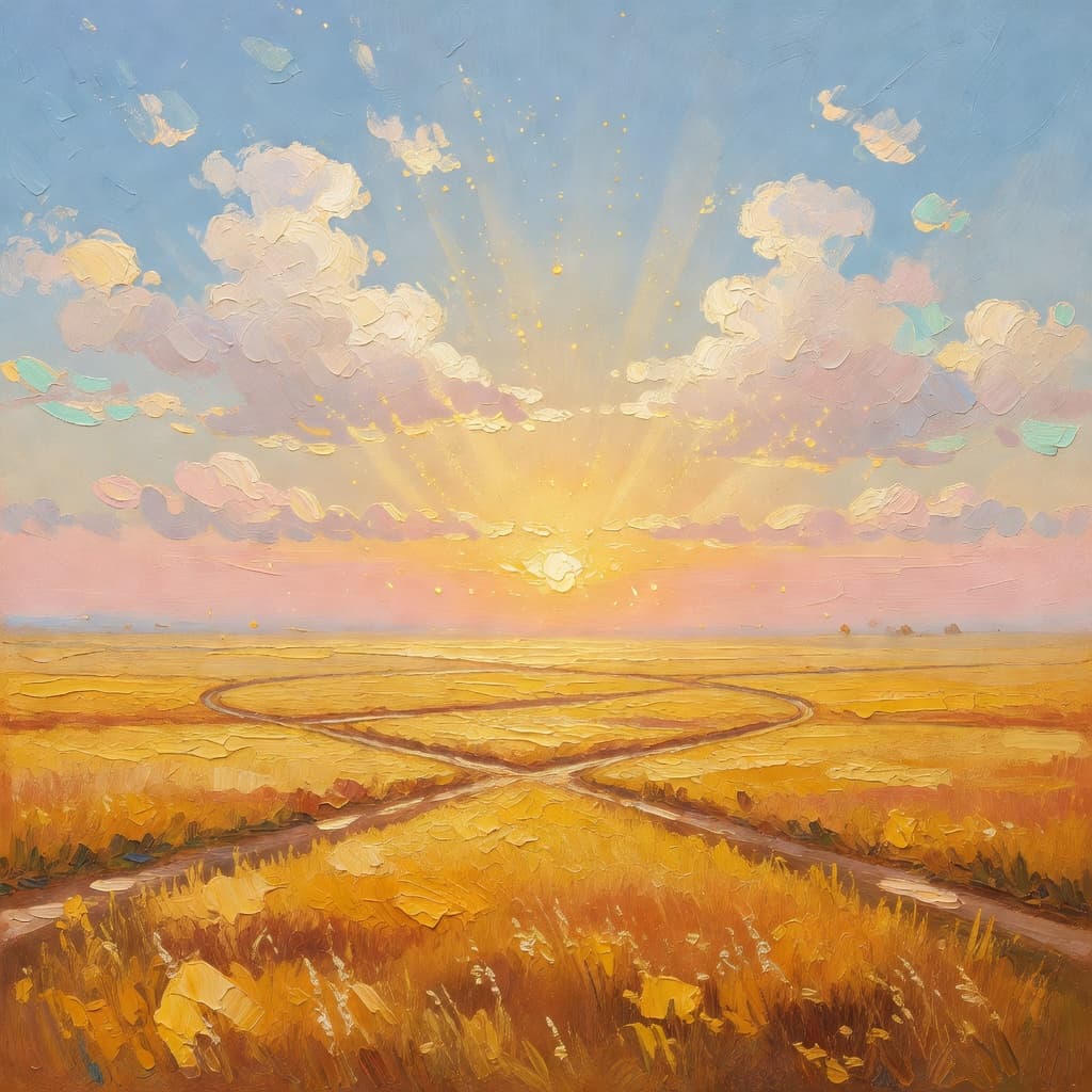 Impressionist oil painting of a luminous sky with golden light and clouds, evoking amistad