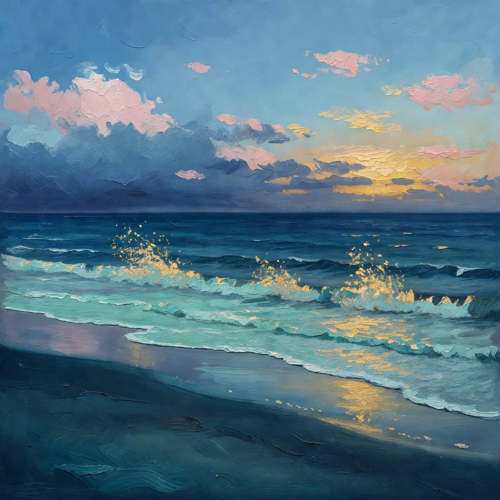 Pintura impresionista al óleo de una orilla al atardecer con olas retrocediendo de arena oscura y luz dorada rompiendo nubes de tormenta