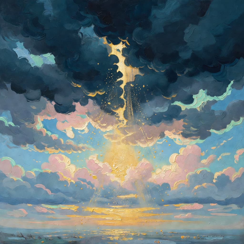 Pintura impresionista al óleo de nubes oscuras pesadas disolviéndose en luz dorada brillante que desciende desde arriba