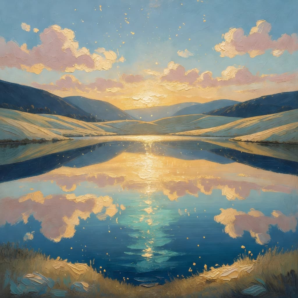 Pintura impresionista al óleo de un lago de montaña perfectamente quieto al atardecer dorado con reflejos espejo del cielo