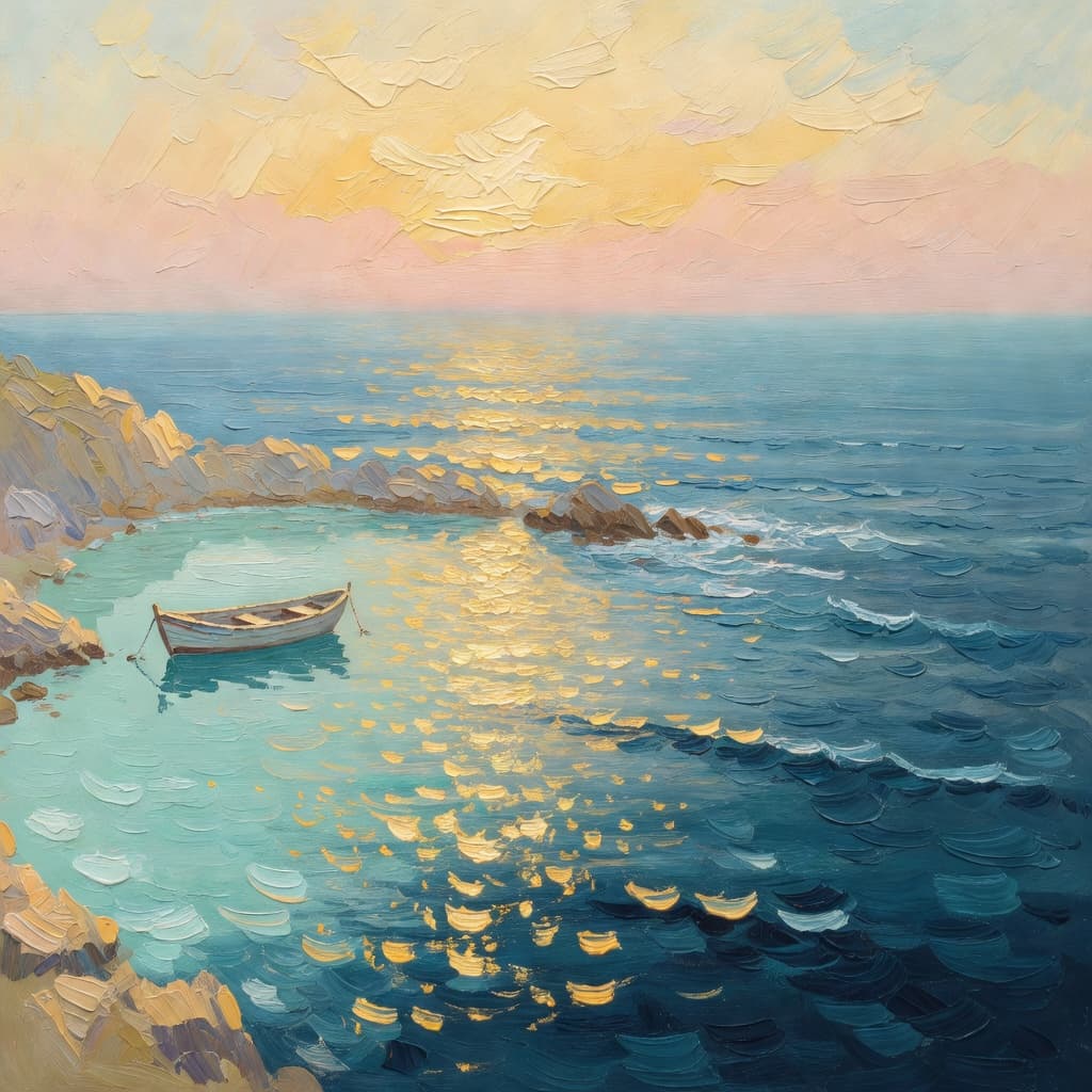 Pintura impresionista al óleo de un pequeño bote anclado en una ensenada protegida con luz dorada sobre olas suaves