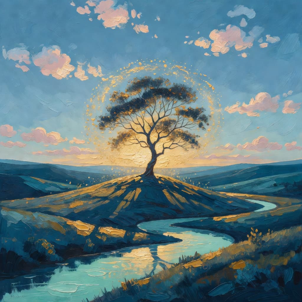 Pintura impresionista de un árbol solitario en una colina bañado por luz dorada