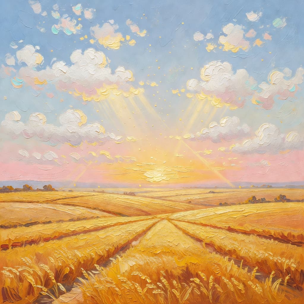 Impressionist oil painting of a luminous sky with golden light and clouds, evoking amor