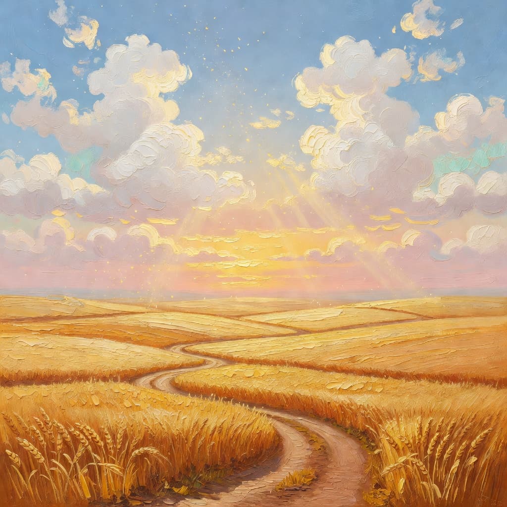 Impressionist oil painting of a luminous sky with golden light and clouds, evoking matrimonio