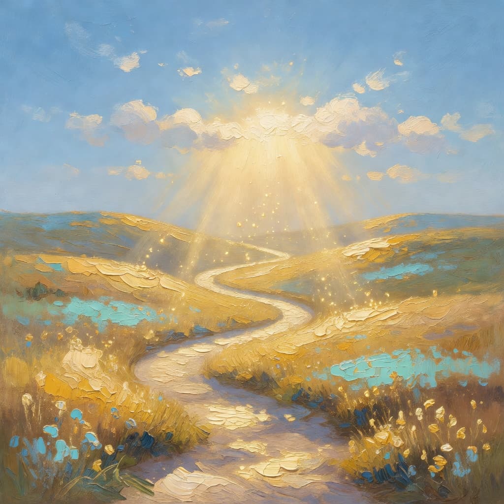 Pintura a óleo impressionista sobre A Obediência na Bíblia com luz dourada e nuvens sagradas