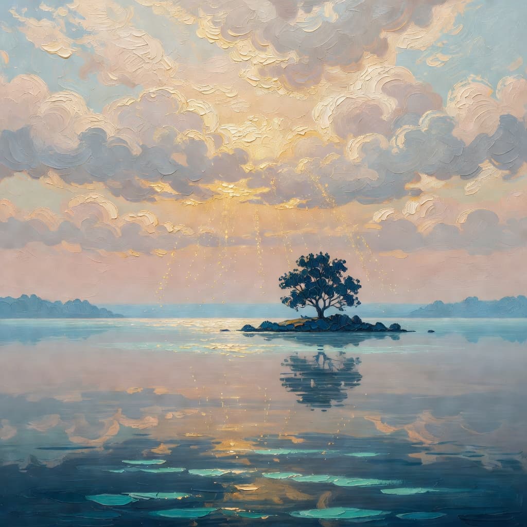 Pintura impresionista al óleo de un lago vasto y calmo reflejando un cielo enorme con nubes y un árbol solitario en una pequeña isla
