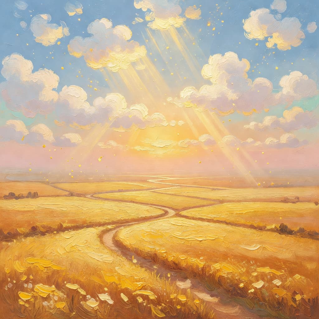 Impressionist oil painting of a luminous sky with golden light and clouds, evoking crianza