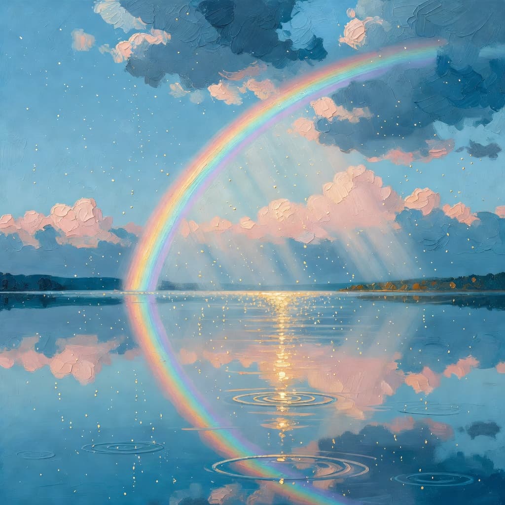 Pintura impresionista al óleo de lluvia suave cayendo a través de luz dorada con nubes que se abren