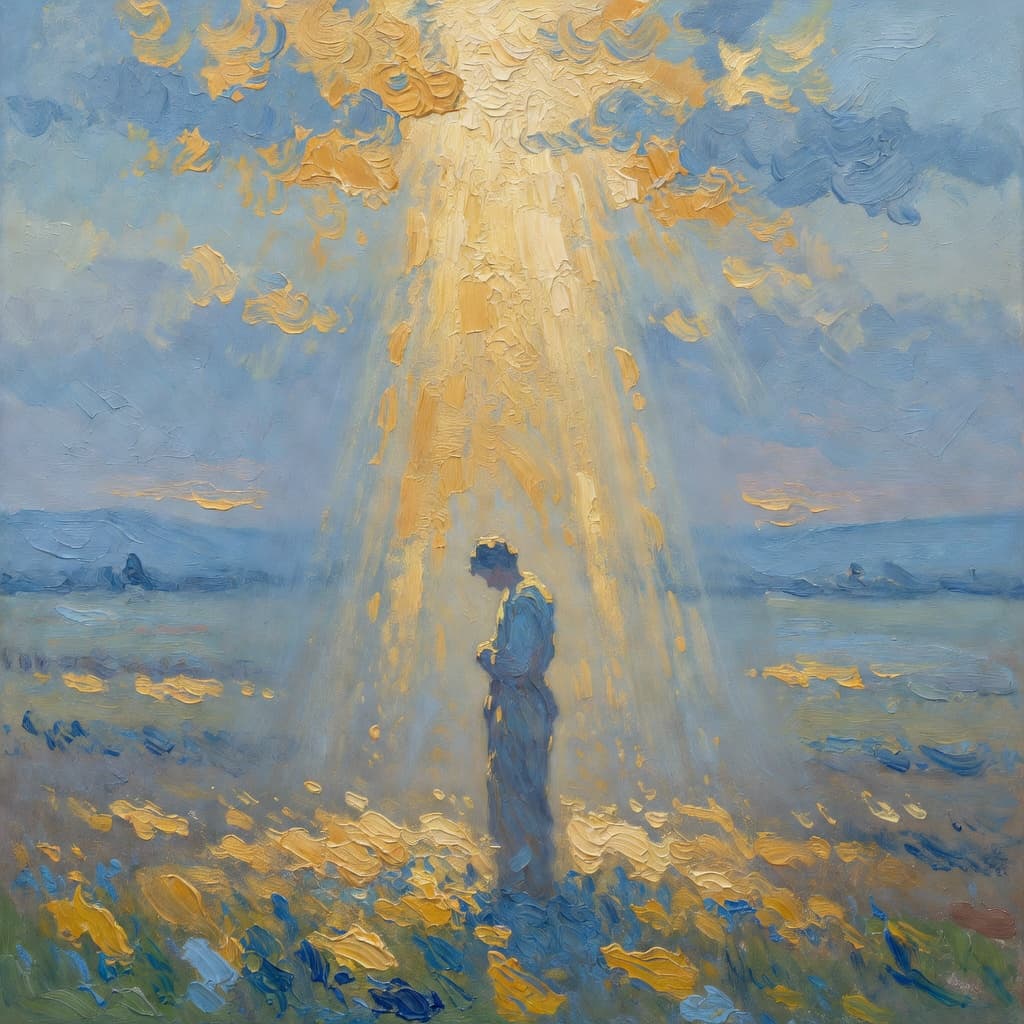 Impressionist oil painting depicting sin in warm golden and blue tones