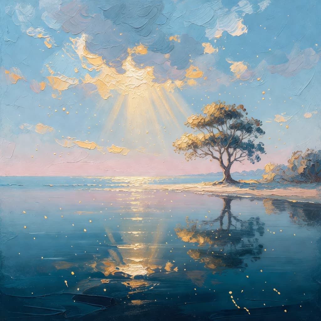 Pintura a óleo impressionista sobre Aplicando Princípios Bíblicos nas Redes Sociais com luz dourada e nuvens sagradas