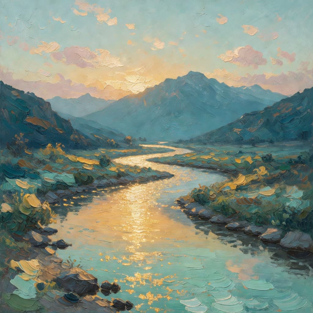 Pintura impresionista al óleo de aguas calmas reflejando luz dorada bajo nubes pacíficas