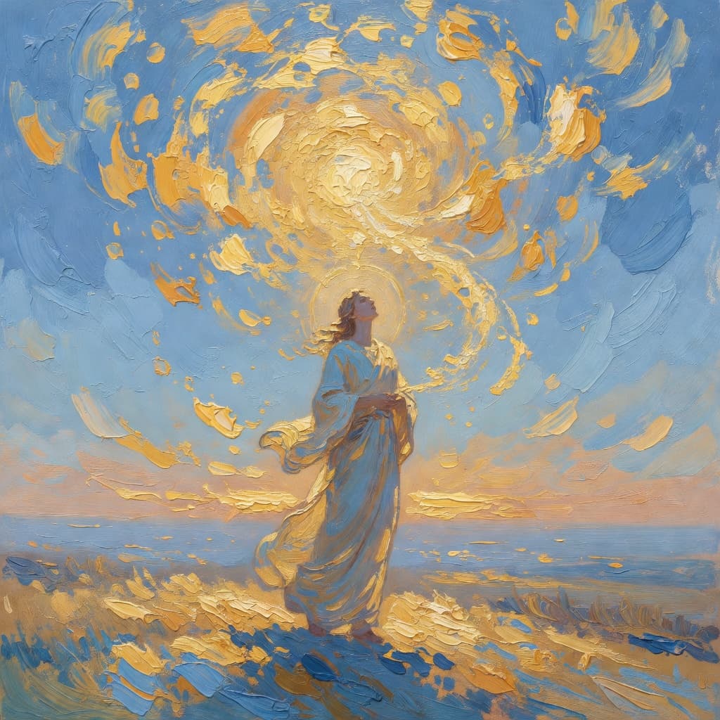 Impressionist oil painting depicting the Holy Spirit in warm golden and blue tones