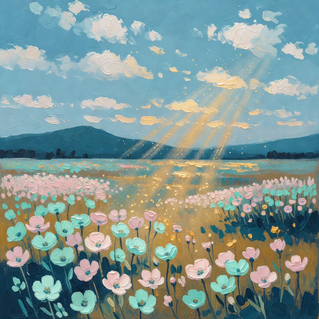 Pintura impresionista de un campo de flores silvestres bajo un cielo amplio con rayos dorados de sol