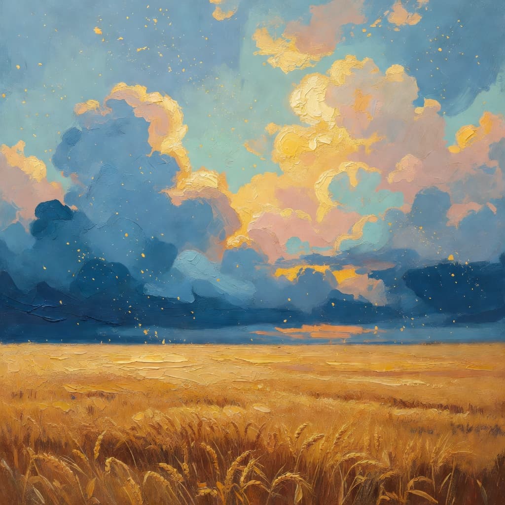 Impressionist oil painting about Boaz with golden light and sacred clouds
