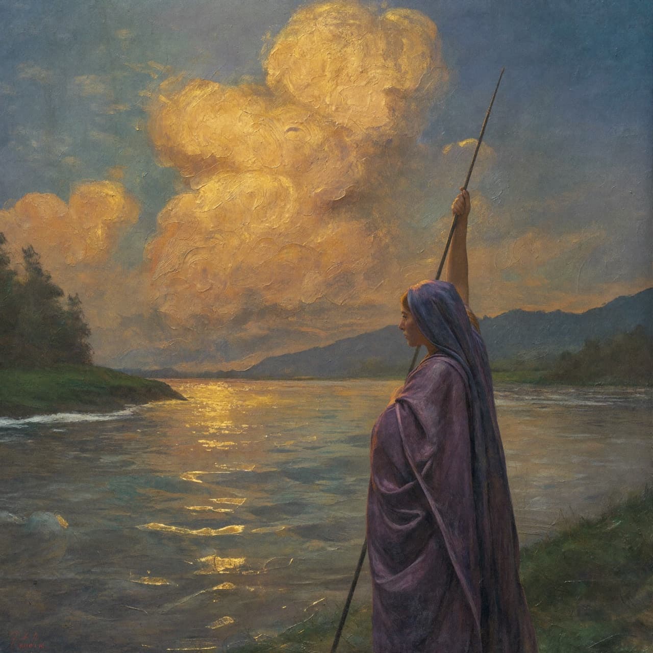 Pintura a óleo impressionista sobre Quem foi Lydia na Bíblia com luz dourada e nuvens sagradas