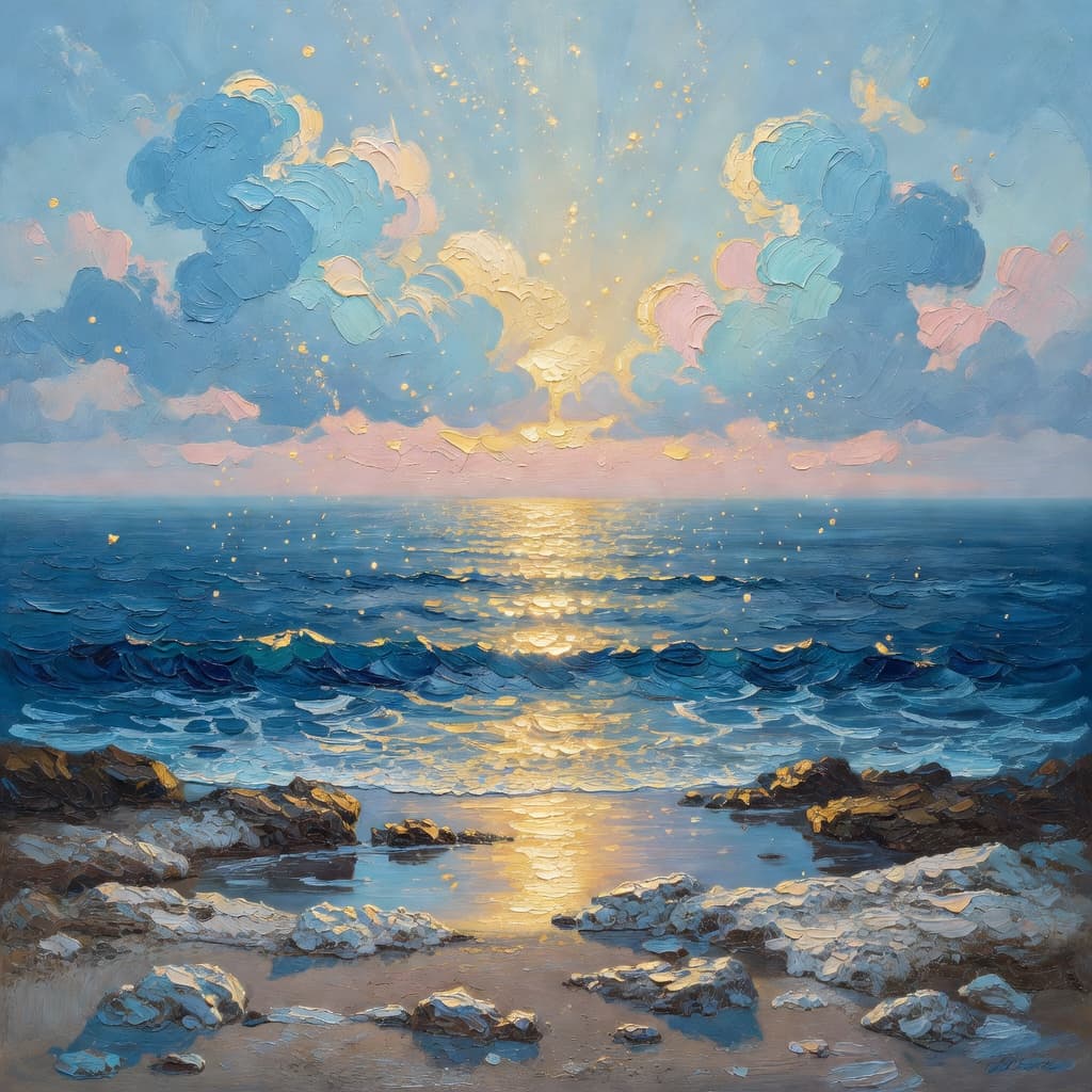 Impressionist oil painting representing peter the apostle with golden light, sacred clouds, and a hopeful biblical atmosphere