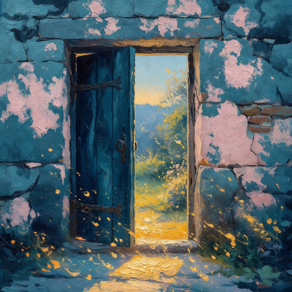 Impressionist oil painting of a peaceful figure waiting before golden light and sacred clouds